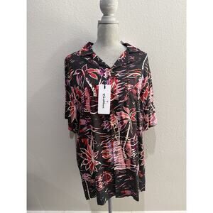 Caribbean Men's Silk Blend Short Sleeve Black Pink Shirt Tropical Print SZ XL
